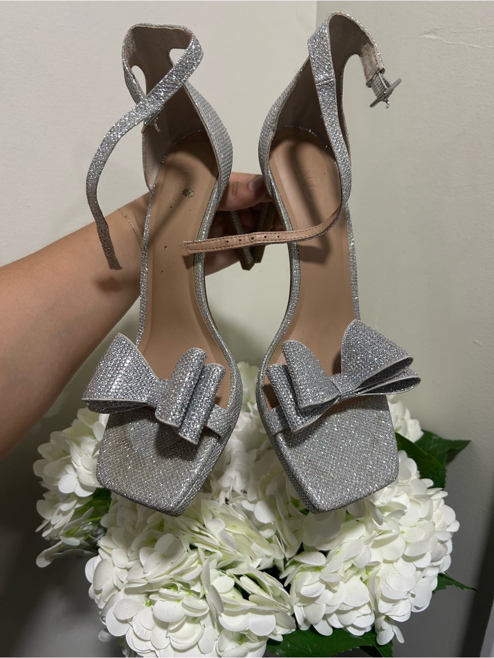 INC International Concepts Silver Glitter Bow Ankle-Strap Heels